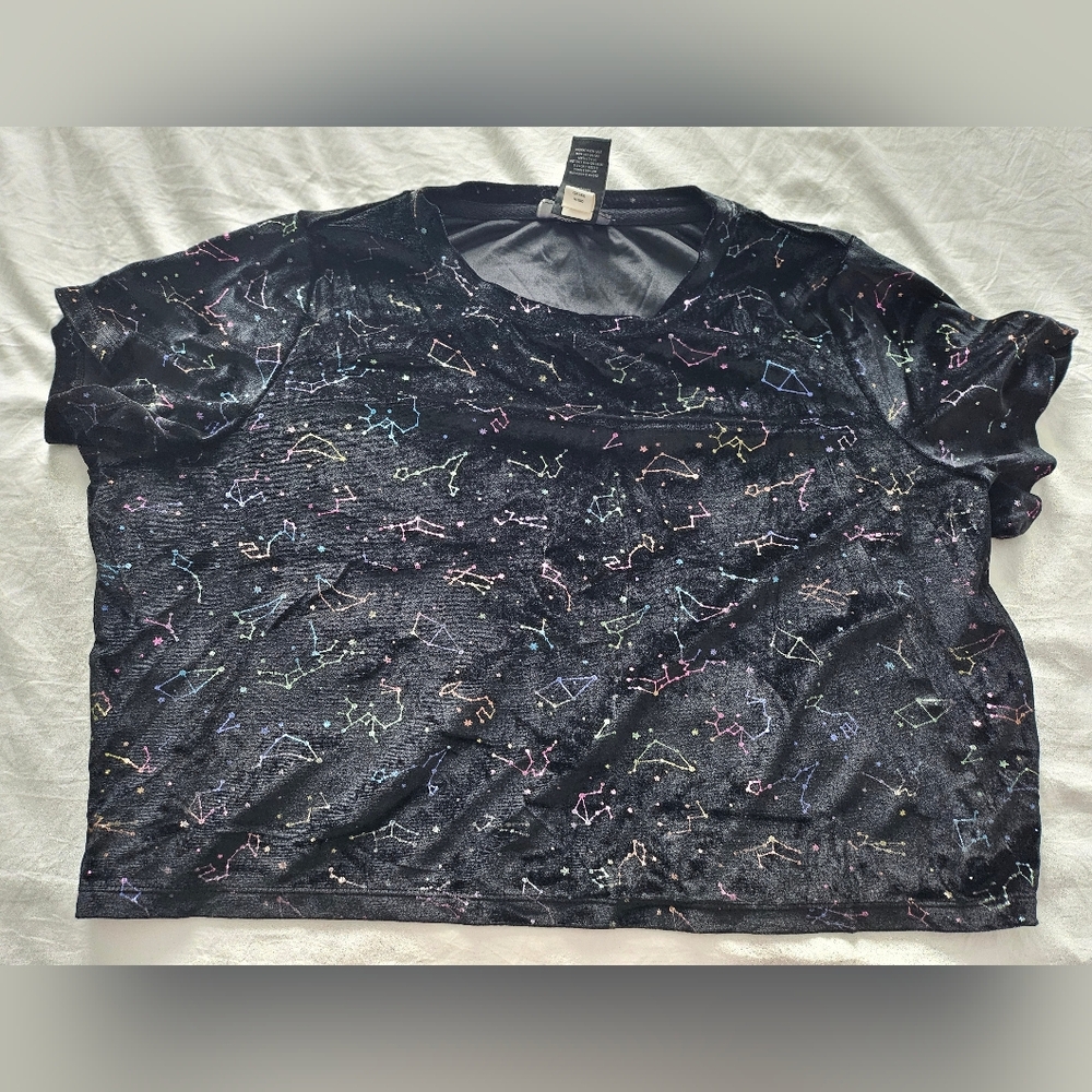Hot Topic Black Velvet Tee with Multicolor Constellation Print